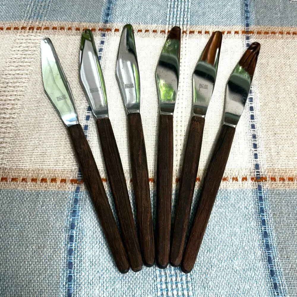 Set of 6 Vintage Butler England Butter Knives, Stainless Steel with Wood Handles